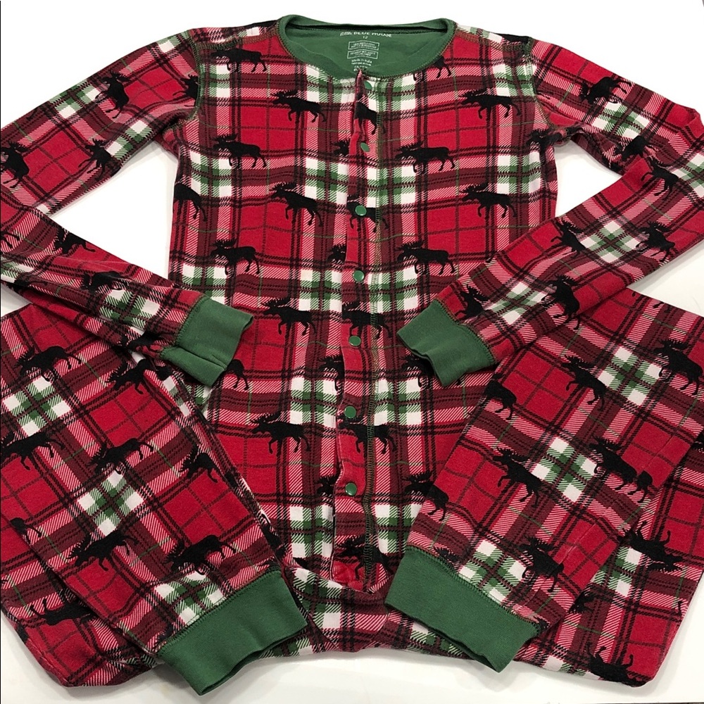 🫎Little Blue House Kids’ Moose Plaid Onesie Pajamas – Size 12